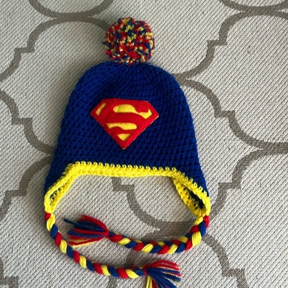 Other - Superman hand knit crocheted winter beanie hat, 3-5 yrs